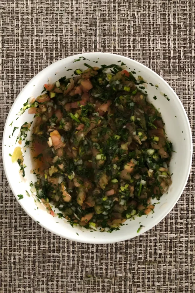Selbstgemachte mexikanische Pico de Gallo in weißer Schale mit Tomaten und Zwiebeln